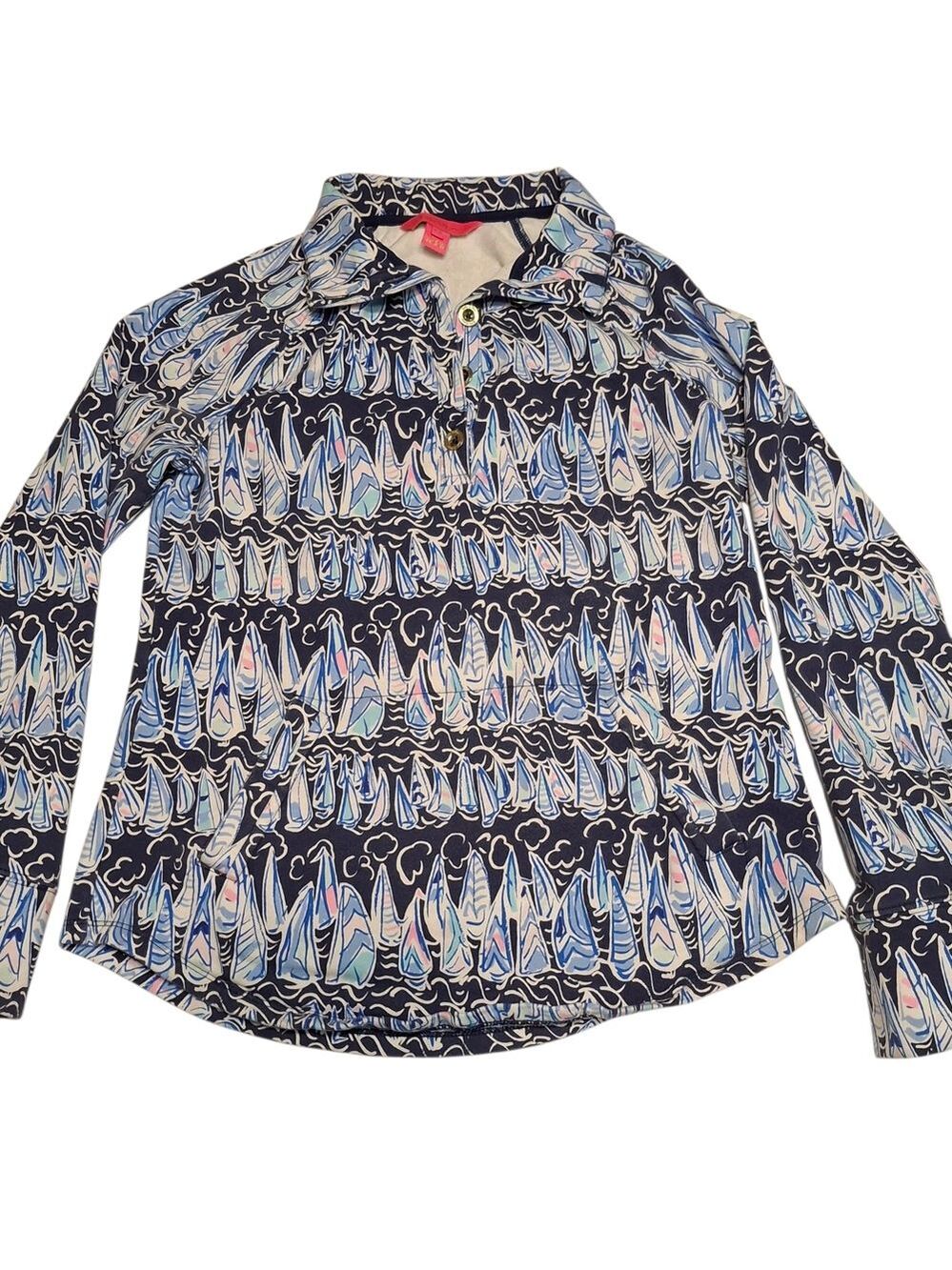 Lilly Pulitzer Sailboat Print Pullover Stretch Top With Kangaroo Pocket Sz XS